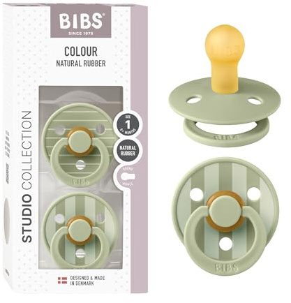 BIBS Colour Studio Soother 2-Pack, BPA Free Dummy Pacifier, Round Nipple. Natural Rubber Latex, Made in Denmark, Size 1 (0-6 Months), Pin Sage
