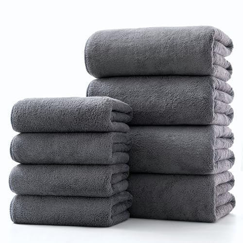 Lumimi Towel Set of 8 Very Soft Microfiber 4 Bath and 4 Hand Towels Quick Dry Light Weight for Bathroom Gym Salon, 8 Pack Dark Grey