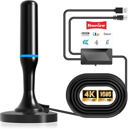 Freeview Digital Indoor TV Aerial with Signal Booster, Portable Indoor Aerial for Smart TV Ariels, HDTV Antenna with Amplifier & Magnetic Base