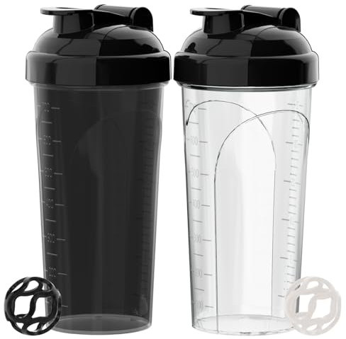 PZMLOASN Lot de 2 shakers protéinés, 700 ml, avec bouchon à vis anti-fuite, sans BPA, en matériau adapté aux biberons, pour homme et femme, noir et blanc