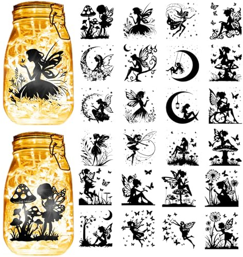 CREATCABIN 24Pcs Fairy Silhouettes Mason Jar Decor PVC Die Cut Silhouettes Angel Scrapbook Cardboard Silhouette Ornaments Christmas for Jars Lantern Frosted Window Glass Camping 3.5x3.6 Inch