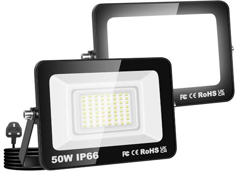 Willpower 2PCS Foco LED Exterior Interior Proyector LED 50W 5,000LM Focos de Luz 6000K Blanco Frío IP66 Luz de Inundación Iluminación para Garaje Patio Jardín Terraza Parque Trabajo, con Enchufe