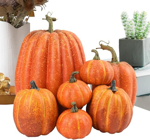 7 Pack Artificial Pumpkin, Fake Pumpkin, Höstdekorationer, realistiskt utseende, dekorativt stort litet utomhusorange skum, för Halloween Thanksgiving Holiday Festival