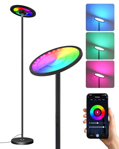 GOEBLESON Lámpara de Pie RGB con Control por Aplicación y Voz, Compatible con Alexa, Sincronización Musical, Temporizador, Lámpara de Pie LED Inteligente, 30 W, Luz del 10 al 100%, para Salón, Negro