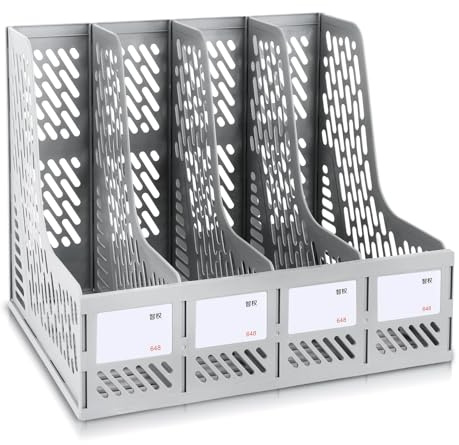 ASelected File Holder Folding Bookshelf,4 Vertical Plastic Magazine Holders Desk Organizer Document Folder for Office Organization and Storage (Grey), 263x254x325MM