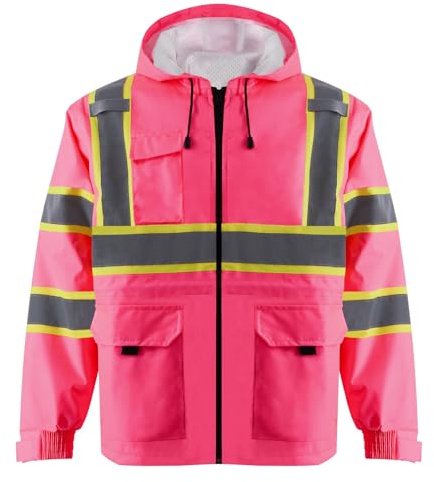 KARXICIY High Visibility Jacket for Women, Safety Reflective Jacket with Hood, Hi Vis Construction Jackets with Pockets and Zipper, Womens Waterproof Winter Coat, ANSI/ISEA 107-2020(Pink, L)