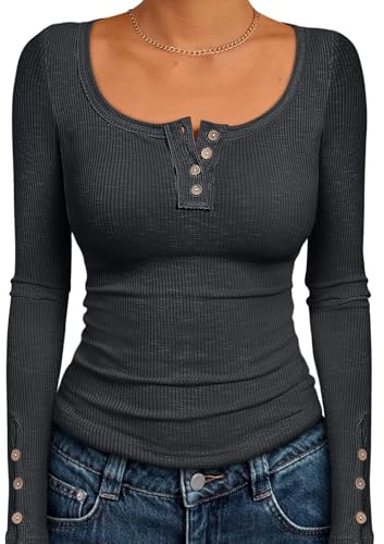 Kissfix Long Sleeve Shirts for Women Fall Winter Henley Tops Business Casual Ribbed Blouses Date Night Trendy Outfits Black Grey XL