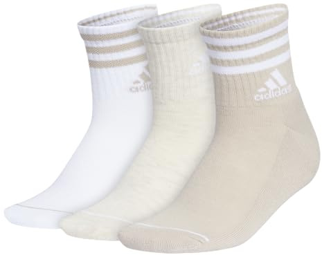 adidas Calcetines de 3 rayas para mujer (3 pares) con compresión de arco para un ajuste seguro. Calcetines altos, Wonder Beige/Blanco/Alumina Heather, M