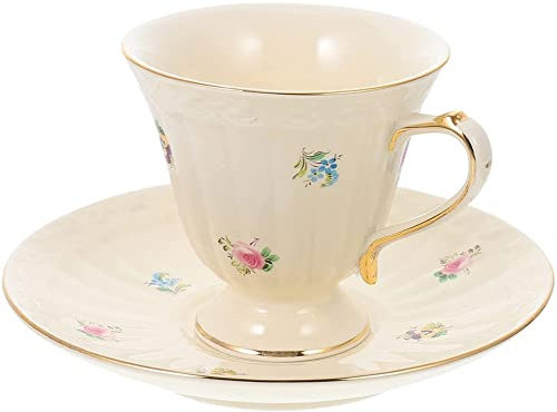 FülleMore Kaffeetasse Set Porzellan Espressotasse mit Untertasse 150ml Mokkatassen Cappuccino Tasse Nachmittagstasse mit Goldrand für Restaurant Familie (Blumen-Muster)