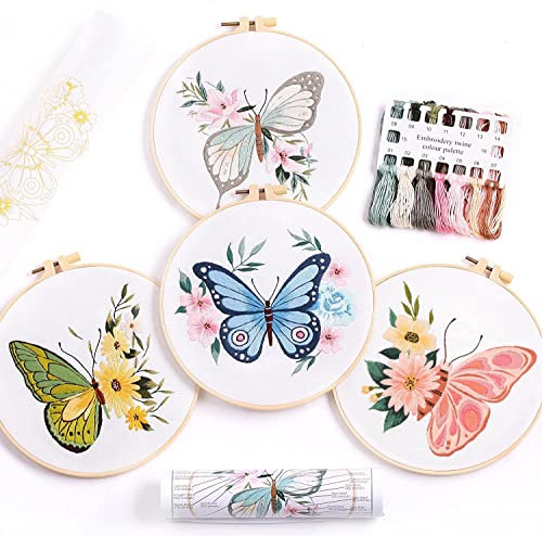 MINGHAM Stickstarter Set Komplettset für Anfänger mit Stickrahmen - Baumwollgarn, Stoff, Nadeln - Kreatives DIY Geschenk, Handarbeit für Erwachsene & Kinde