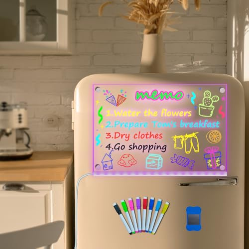 Yan-tech Tableau blanc magnétique en acrylique - Charge USB - Veilleuse 7 couleurs changeantes - Aimant créatif effaçable à sec pour réfrigérateur, bureau, lampe murale, décoration d'intérieur avec