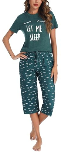 Uniexcosm Pigiama Donna Cotone Estivo Pigiama da Donna Girocollo Set da Donna con Pantaloni Corti Stampati a 3/4 Verde Scuro XL