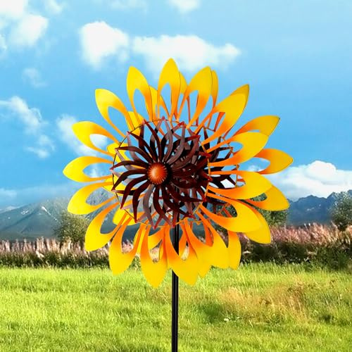 Sunflower Wind Spinners, 360 Degrees Swivel Metal Wind Sculptures, 76 Large Garden Pinwheels for Yard Lawn Patio Decor
