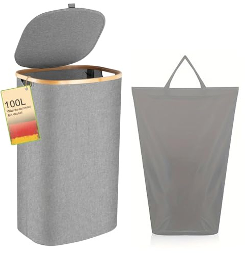 Wäschekorb -100L Waschbarer und hygienischer Groß Wäschesammler schmal mit herausnehmbarem Wäschesack-Wäschekorb mit Deckel & Bambusrand - Wäscheboxen - waschkorb (Grau)