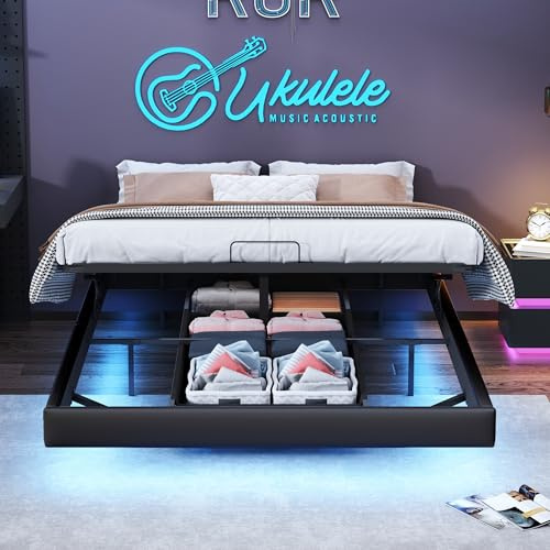 KeepGoon letto matrimoniale con contenitore 160 x 200, letto sospeso imbottito con LED, Letto a piattaforma, senza testiera, con rete a doghe, PU, Metallo, Nero