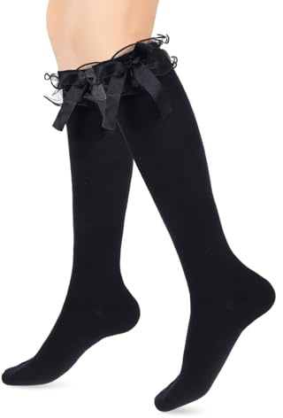 Yolev Medias de Lolita Negro Calcetines Hasta la Rodilla Calcetines de Algodón con Lazo para Mujer Calcetines Negro de Lolita Transpirables para Niñas y Mujeres Uso Diario Cita Escolar Fiesta