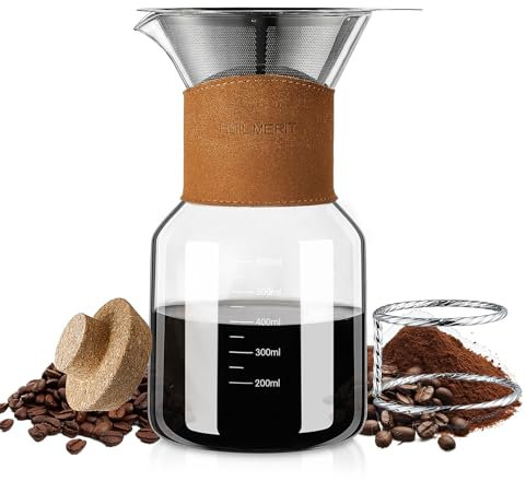 Pour Over Kaffeebereiter mit Filter aus Edelstahl, 600 ml Kaffeetropfer, Glaskaraffe mit Vintage-Lederkragen, Korkdeckel & Filterhalter