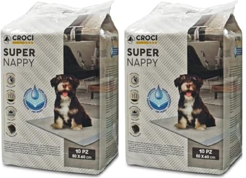 Croci Super Nappy - Tappetini Igienici per Cani 60X40 cm 10 Pezzi - Traverse Cani e Animali Domestici, per Pipi Cane e Gatto Ultra Assorbenti Usa e Getta, Antistrappo e Antiodore (Confezione da 2)