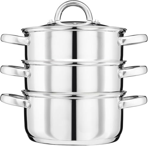 Cooks Professional 3 Tier Stainless Steel Steamer Pan | Durable Vegetable Steam Cooker Pots with Glass Lid, Vent & Twin Handles | Suitable for All Hobs Inc Induction | Dishwasher Safe | 22cm Diameter