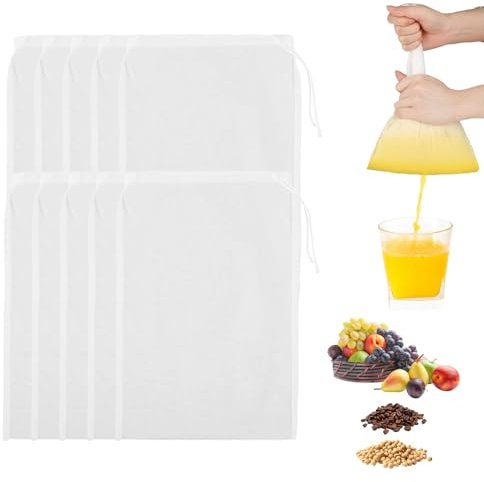 FAINCA 10 Pezzi Garza Alimentare, 20 * 30cm Sacchi Filtranti per Latte a Maglia Fine, Sacchetti per Latte di Noci, Sacchetto Filtro a Maglia Fine, per Filtrare Succhi, Caffè, Rinfusione a Freddo