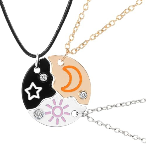 Cuicany 3 stycken sol stjärnor måne halsband, stjärnor och måne trio kedja, vänskapskedja för 3, damer kristallkedja hänge gåva personliga smycken (silver, guld, svart), 1, Metall, Zirkon