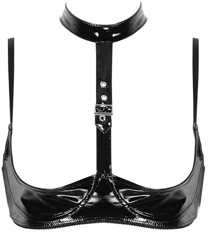 Slip Negro Alto Brillo Sexy Cuello Sujetador Sujetador Tirantes Ajustable Ropa Interior Lencería Sexy Entrepierna Abierta, Negro , S