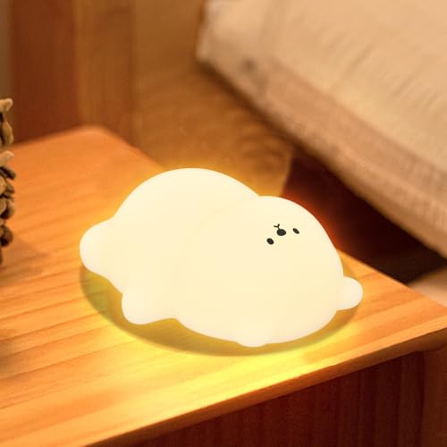 Smiling Shark Lampara Bebe Nocturna, Oso Silicona Luz Infantil Noche Tap Control 1200mAh Recargable 3 Iluminación & RGB Modos LED Bonita Luz de Noche con Automático de Apagado para Regalos Niños