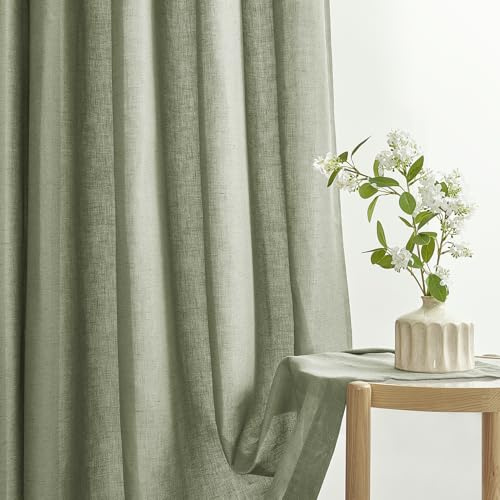 Topfinel Set med 2 lingardiner - Salviagrön - Med öglor - Lin och bomull - Bohèmestil - Med öglor - 225 x 140 cm (H x B) - Halvtransparent - Linlook - För vardagsrum, sovrum