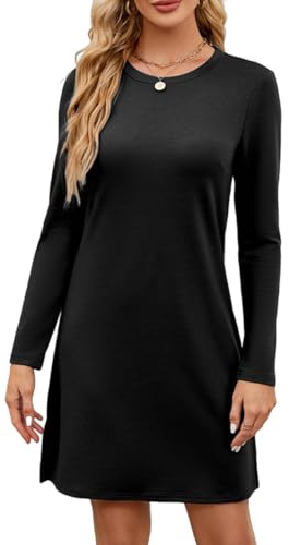 Gkaopi Vestido Mujer Manga Larga Cuello Redondo Midi Vestidos Casual Elegante Vestido Tipo Túnica Sólido hasta la Rodilla Vestido de Otoño Invierno