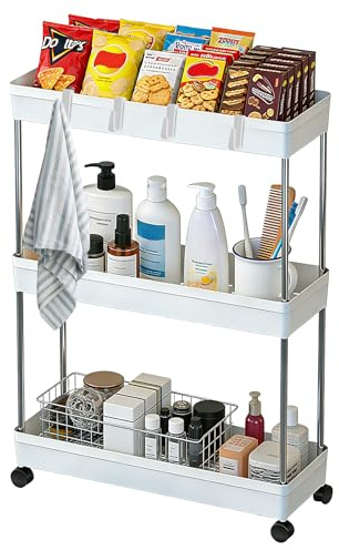 BUCOMTU Carrellino con Ruote Portatutto a 3 Ripiani, Carrello Cucina e Mobiletto Bagno Salvaspazio, Scaffale Mobile per Casa, Ufficio e Lavanderia, in Plastica e Acciaio, Bianco
