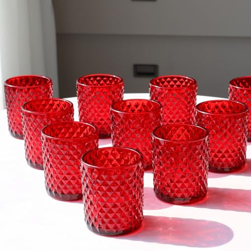 Vohocandle Red Tea Light Holders for Wedding Decor (5.5cm W × 6.5cm H) | Glass TeaLight Holders bulk Set of 12, Diamond Votive Candle Holder Glass for Christmas Decor, Home Decor, Birthday Party