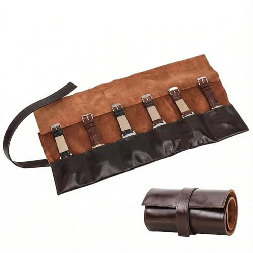 Acidea Genuine Leather Travel Watch Roll Organizer, Portable Storage Watch Travel Case Roll-up with 6 Slots Handmade, Easy Carry On Watchlover Storage Gift for Men, Coffee