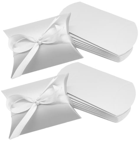 IWOWHERO 50 Scatole Piccole a Cuscino in Cartone Argento Nastro Scatole Portaconfetti per Matrimonio e Feste Contenitori Regalo Compatti per Bomboniere e Caramelle