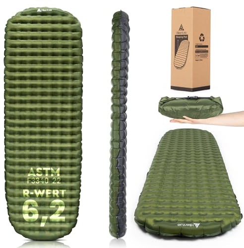 HIKENTURE Liggunderlag camping R-värde 6,2, 8 cm tjock uppblåsbar matta ultralätt, varm sovmatta isolerad luftmadrass liten förpackningsstorlek 4 säsonger för utomhus, vandring, tält – B4