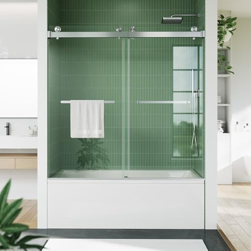 60 x 59 Frameless Sliding Shower Door for Bathtub, Dual 1/4 Brushed Tempered Glass Panels, Stainless Steel Square Top Rail & Dual Handles, Smooth Bi-Directional Sliding, Space-Efficient