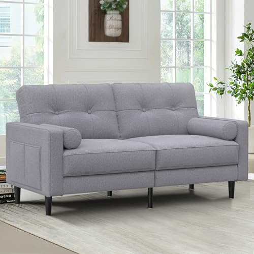 Aotumm Ciort Sofá 2 Plazas, Cojines Gruesos, 2 Bolsillos (Gris Ceniza) | Cómodo Sofá 2 Plazas de Lino con 2 Almohadas, Bolsillos Laterales, Diseño Ergonómico y Fácil Montaje para Salón y Oficina