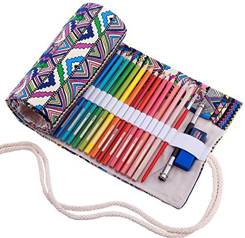 Amoyie Roll Up Pencil Case for 36 Coloured Pencils, Foldable Colouring Pens Organiser Bag, Artist Wrap, Canvas Holder, Bohemia Purple Stripes