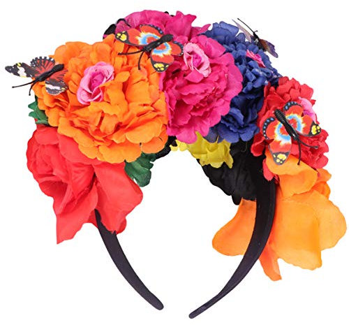 Minkissy Jour de La Couronne de Fleurs Mortes Couronne de Fleurs Mexicaines Bandeau Floral Halloween Costume de Fête D'halloween pour Femmes Filles (Coloré)