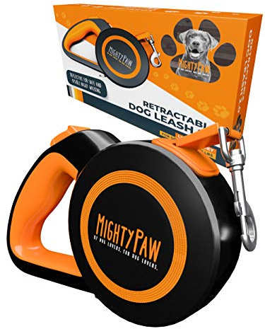 Mighty Paw Retractable Dog Lead 2.0 | 5 m Heavy Duty Reflective Extendable Dog Lead For Pets Up To 22 kg. Tangle Free Design W/One Touch Quick-Lock Braking System & Anti-Slip Handle. (Orange/Lite)