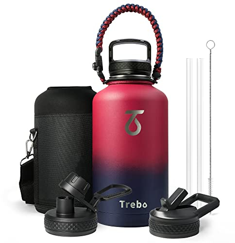 Trebo Metal Bottle with Paracord Handle, Wide Mouth Double Wall Stainless Steel 2 L Sports Bottle, Keeps Cold for 48 Hours, Includes 3 Lids, Ruby Red