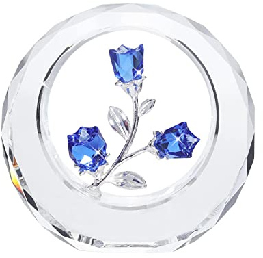 LONGWIN Crystal Tulips Flower Figurines with a Outer Circular Ring, Glass Spring Bouquet Collectible Figurines Home Decor Cobalt Blue