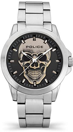Police Flick Herrenuhr mit Totenkopf-Design, schwarzes Zifferblatt und Edelstahl-Armband, 47 mm Edelstahlgehäuse in Markenuhrenbox PEWJG2194803-2 Jahre Garantie, grau, Einheitsgröße, Armband
