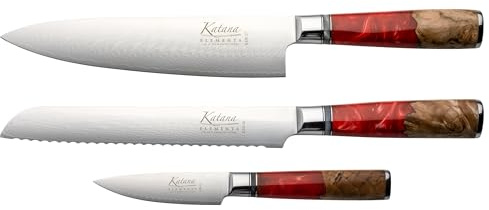 Katana Saya Elements 3-delat knivset, vulkanröd – Högkolhaltigt VG-10 Damaskusstål för extrem hårdhet och skärpa – Handtag i naturligt olivträ och harts