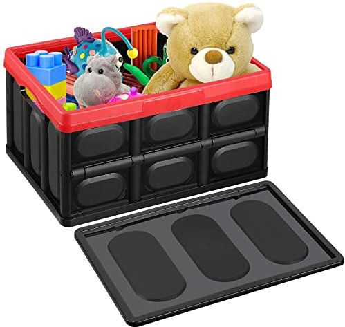 Collapsible Storage Box with lid 30L Lidded Storage Bin Storage Box Crates Plastic Tote Storage Box Container Stackable Folding Utility Crates for Clothes, Toy, Books,Snack, Shoe Storage Bin -Black