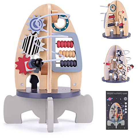 Wdmiya Space Wooden Activity Cube Toys for Baby, Montessoritoys for 1 Year Old Boy & Girl Birthday Gifts, Sensory and Educational 1st Birthday Gifts, Busy Board Toys for Baby Boy 6-18 Months (Rocket)