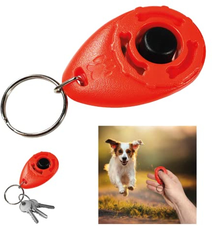 Clicker per Cani con Portachiavi, Addestramento e Formazione, Dog Training - Cane, Gatto, Cavallo – Impugnatura Facile, Addestra ad un Comportamento Corretto (ROSSO)