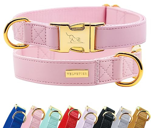 Hundhalsband från VELVETIER® | snyggt hundhalsband av mikrofiberläder för små och stora hundar | robust på utsidan, mjuk inuti | hundhalsband – M/L: 41–63 cm, ros (rosa)