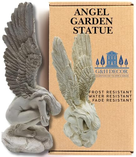 G&H Decor - Weeping Garden Angels 33cm Statue - Remembrance and Redemption Outdoor Memorial Sculpture Ornament - Resin Crying Archangel Figurine with Wings - Holy Family Statue Catholic Decoration