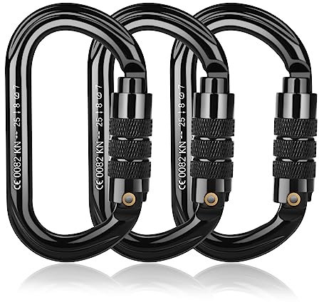Karabiner Klettern Kletterausrüstung, BOORCA UIAA-Zertifiziert 25 KN Hochleistungs Karabinerhaken für Klettern, Abseilen und Bergsteigen, Rettung, Hängematten, 3 Stück, Schwarz