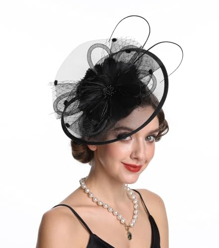 Haojing Sinamay Flower Feather Headband Fascinator Wedding Headwear Ladies Race Royal Ascot Pillbox Wedding Cocktail Tea Party Derby Hat for Women